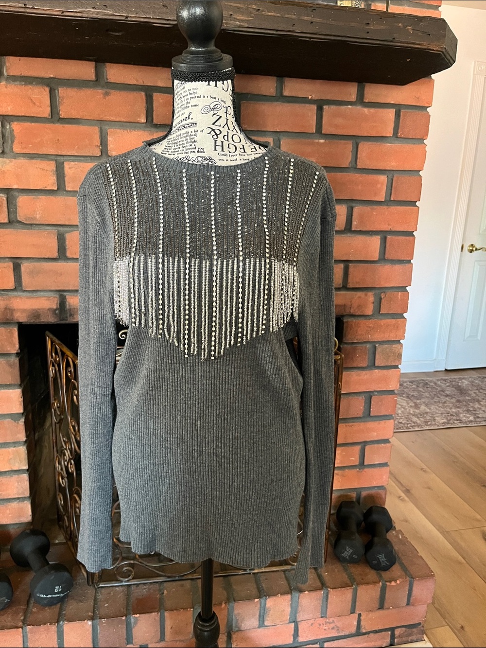 INC International Concepts Gray Ribbed Sweater with Silver Sequin Stripes light